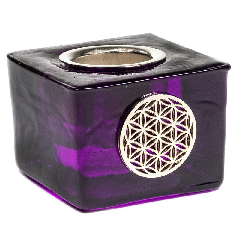 Kerzenhalter Kubus mit Blume des Lebens violett