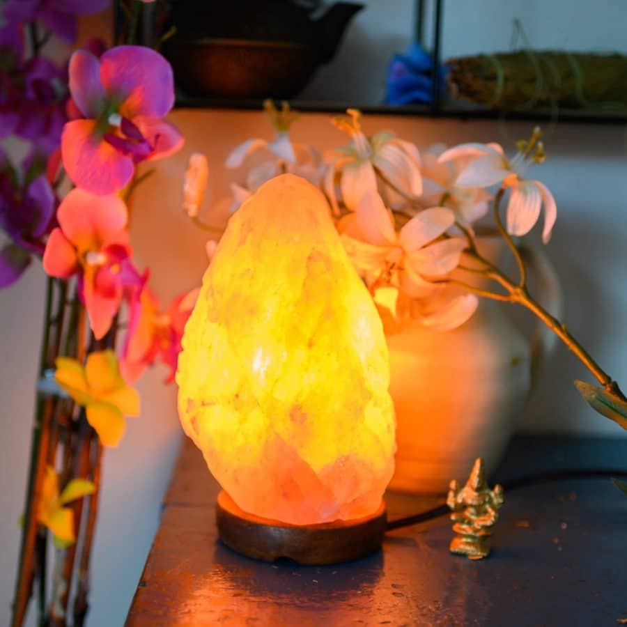 Salzlampe Wirkung Salztischlampe auf Holztisch mit Blumen leuchtend