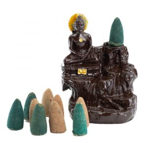 Backflow Räucherstäbchenhalter Meditierender Buddha (10 cm) mit Kegeln
