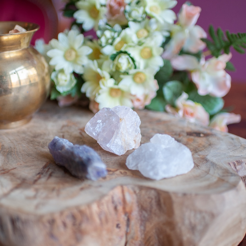 Goldenes Dreieck Amethyst Bergkristall Rosenquarz
