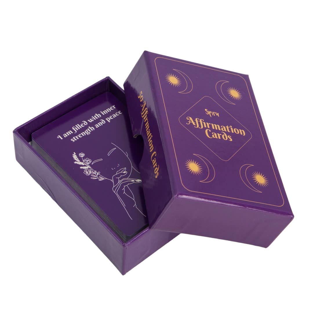 Spiru Affirmationskartendeck - 50 Affirmationskarten inklusive Box - lila - englischsprachig