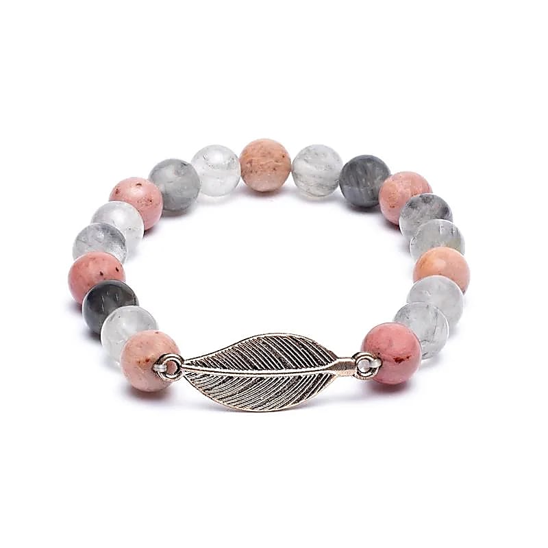 Elastisches Mala-Armband mit Rhodonit, grauem Quarz und Feder